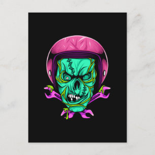 Neon Zombie Skull Biker Helmet Design Postcard