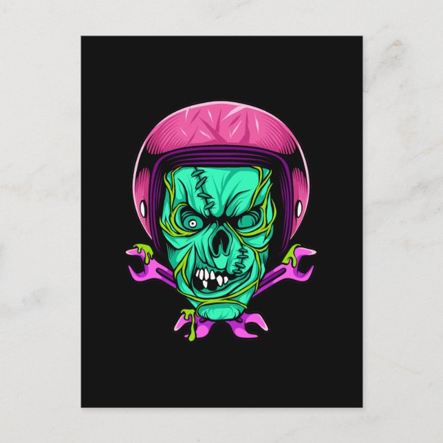 Neon Zombie Skull Biker Helmet Design Postcard (Front)