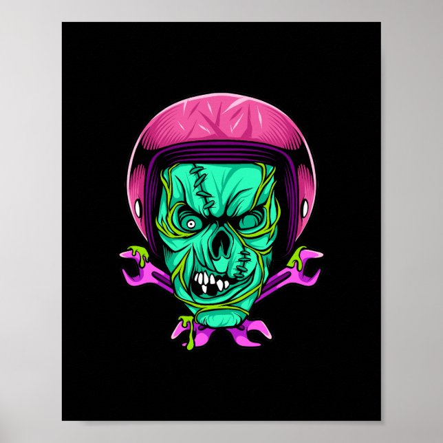 Neon Zombie Skull Biker Helmet Design Poster (Front)