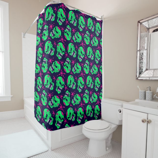 Neon Zombie Skulls Pattern Shower Curtain (In Situ)