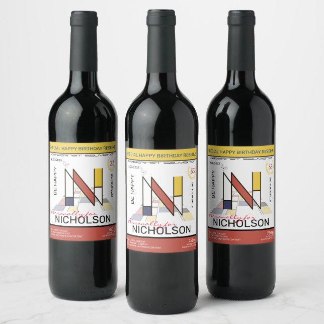 Neoplasticism Abstract Art Monogram. Letter N Wine Label (Bottles)