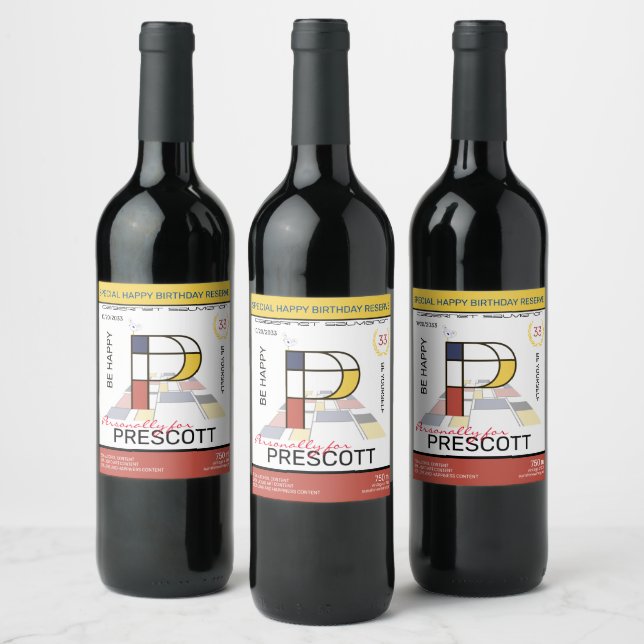 Neoplasticism Abstract Art Monogram. Letter P Wine Label (Bottles)