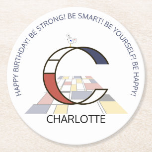 Neoplasticism Art Cool Monogram. Letter C Round Paper Coaster