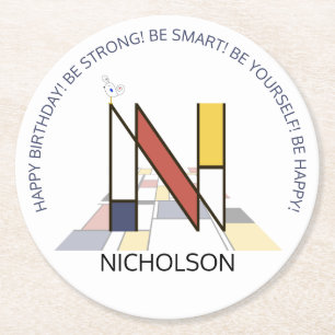 Neoplasticism Art Cool Monogram. Letter N Round Paper Coaster