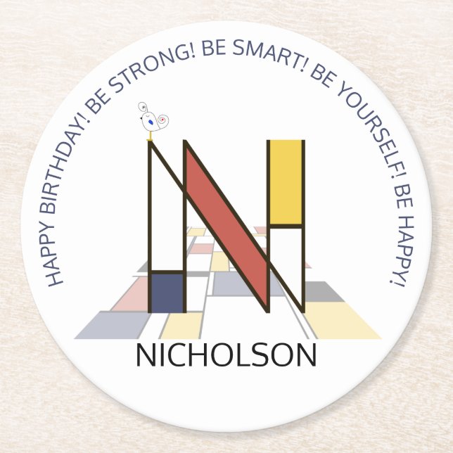 Neoplasticism Art Cool Monogram. Letter N Round Paper Coaster (Front)