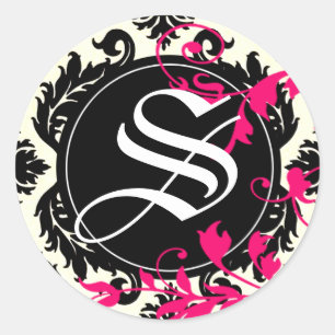 Neopolitan Damask Monogram "S" black/white/fuschia Classic Round Sticker