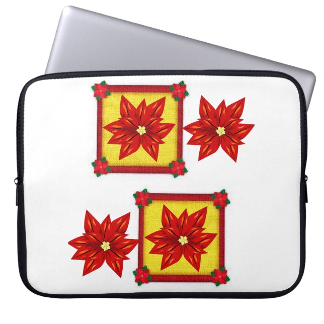 Neoprene Christmas Laptop Sleeve 15 in, Poinsettia (Front)