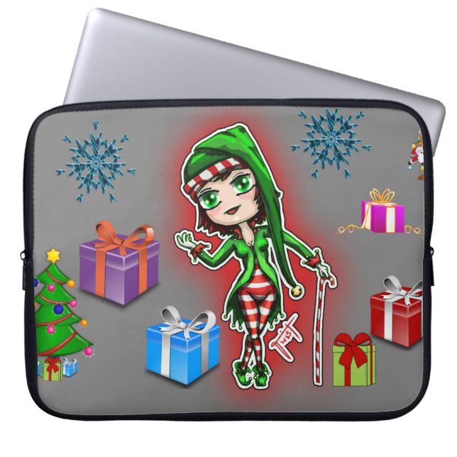 Neoprene Christmas Laptop Sleeve 15 inch, Elf (Front)