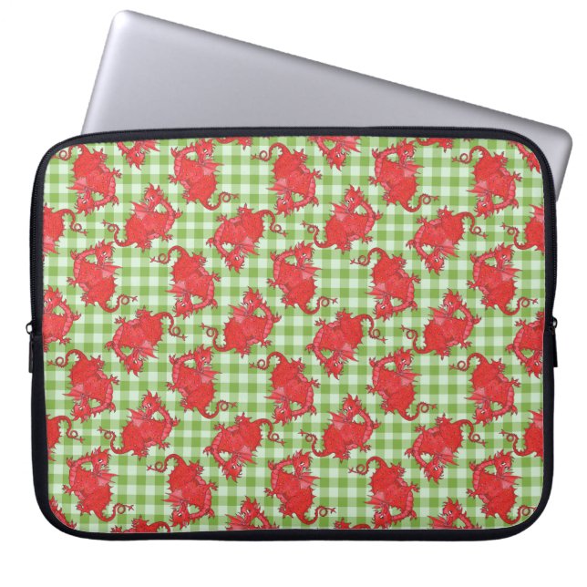 Neoprene Laptop Sleeve: Red Dragons, Green Gingham Sleeve (Front)