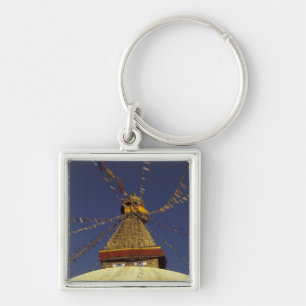Nepal, Kathmandu. Under prayer flags, watchful Key Ring