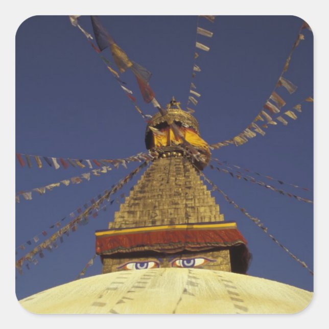 Nepal, Kathmandu. Under prayer flags, watchful Square Sticker (Front)