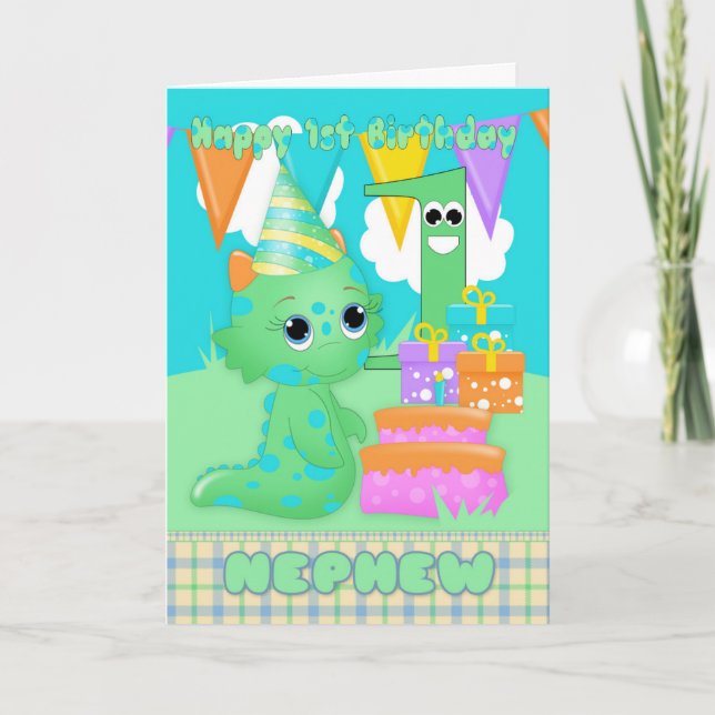 Nephew 1st Birthday Cute Little Monster With Gifts Card (Front)
