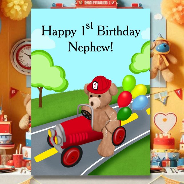 Nephew 1st Birthday Teddy Bear Firetruck Card (Creator Uploaded)