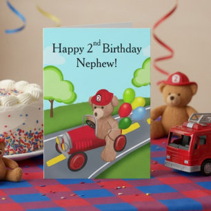Nephew 2nd Birthday Teddy Bear Firetruck Card