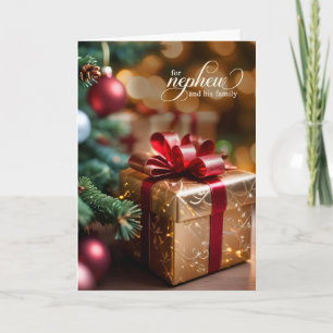 Nephew and Family Christmas Tree and Golden Gift Holiday Card
