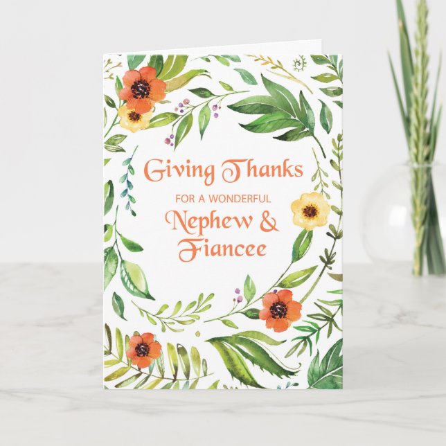 Nephew and Fiancee Give Thanks Thanksgiving Wreath Card (Front)