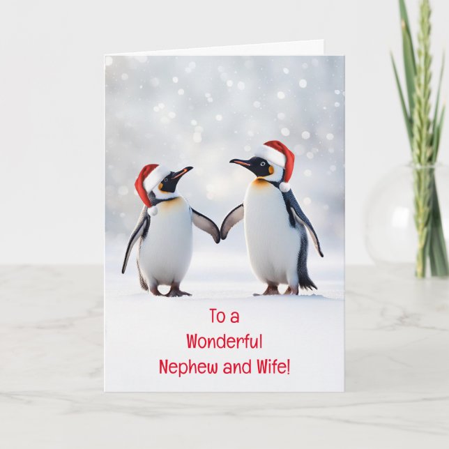 Nephew and Wife Christmas Holiday Cute Penguins  Card (Front)