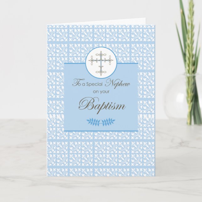 Nephew Baptism Blue with Lace and Cross Card (Front)