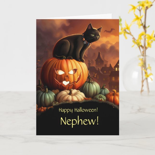 Nephew Halloween with Cute Black Cat Pumpkins and  Card (Yellow Flower)