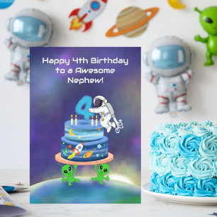 Nephew Happy 4th Birthday Astronaut with Cake Card
