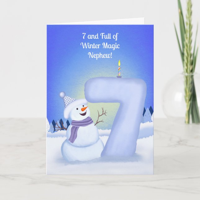 Nephew Happy 7th Birthday Snowman  Card (Front)