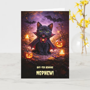 Nephew Happy Halloween with Black Cat Bats Card