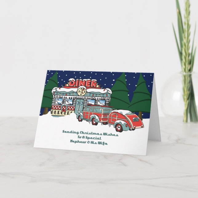 Nephew & His Wife Retro Diner Christmas Holiday Card (Front)