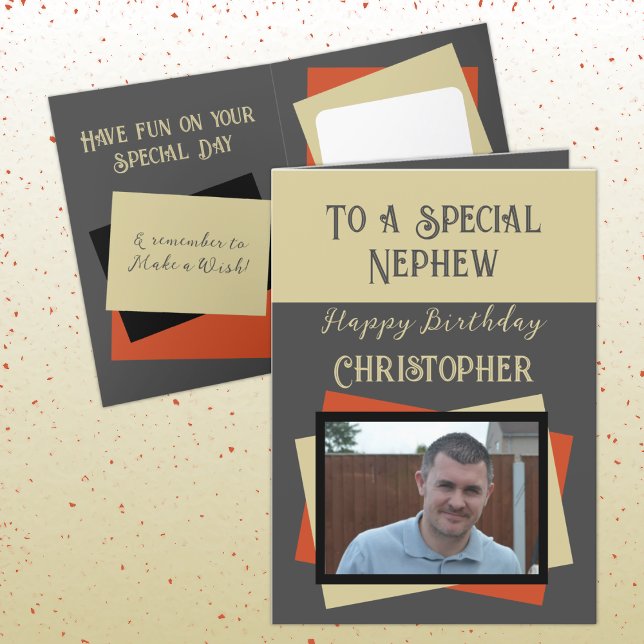 Nephew photo name grey orange birthday card (Creator Uploaded)