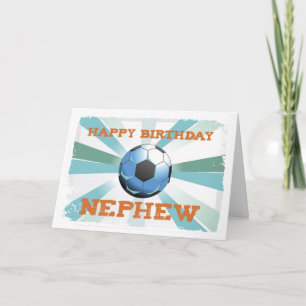 Nephew Soccer Birthday with Ball, Orange on Teal a Card