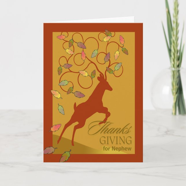 Nephew Thanksgiving Deer Jumping Antler Leaves Holiday Card (Front)