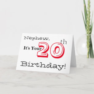 Nephew's 20th birthday greeting in red and black. card