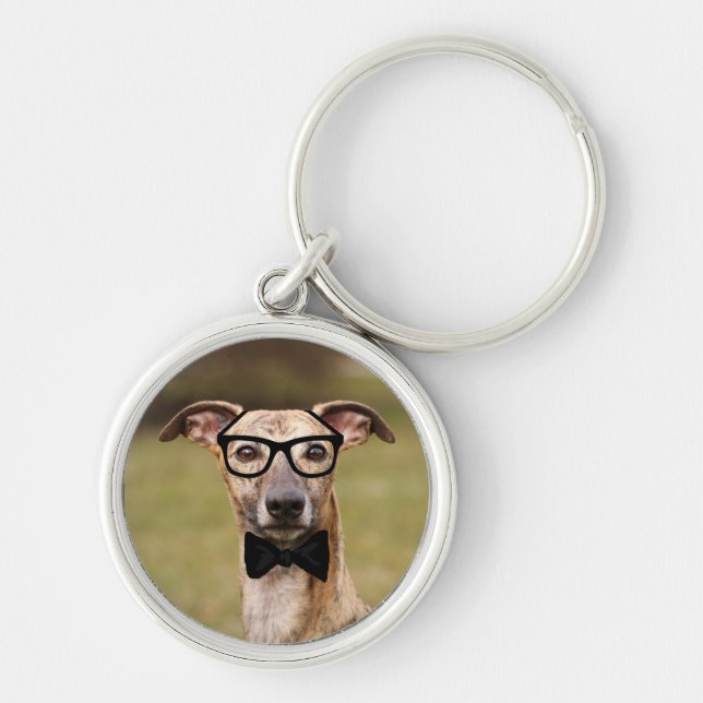 Nerd Whippet in Glasses and Bow Tie Keychain (Front)