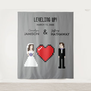 Nerdy 8-bit heart wedding or engagement backdrop tapestry
