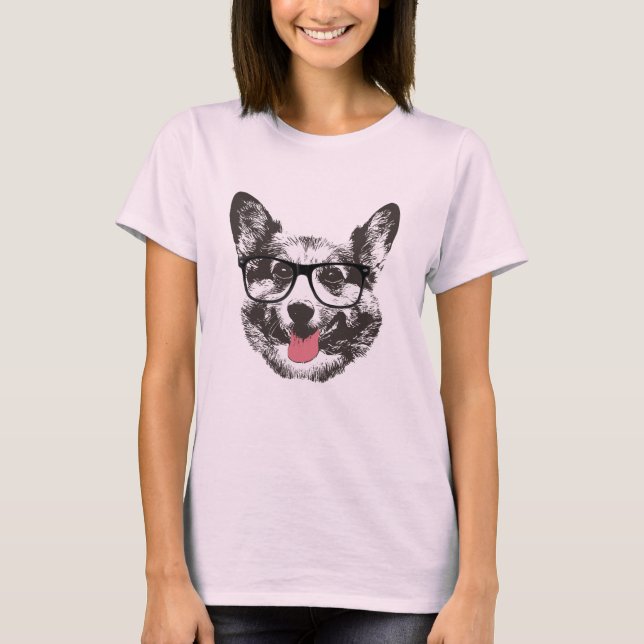 Nerdy Corgi Hipster Dog T-Shirt (Front)