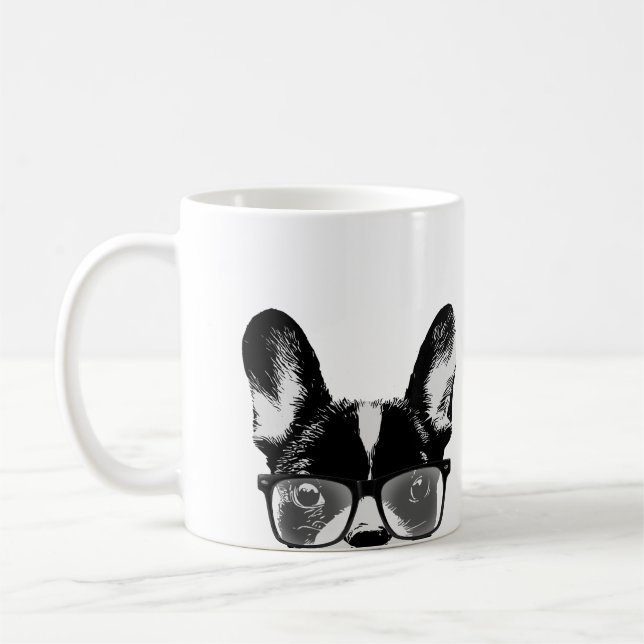 Nerdy French Bulldog Hipster Dog Coffee Mug (Left)