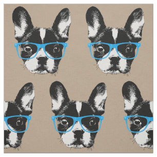 Nerdy French Bulldog Hipster Dog Pattern Beige Fabric