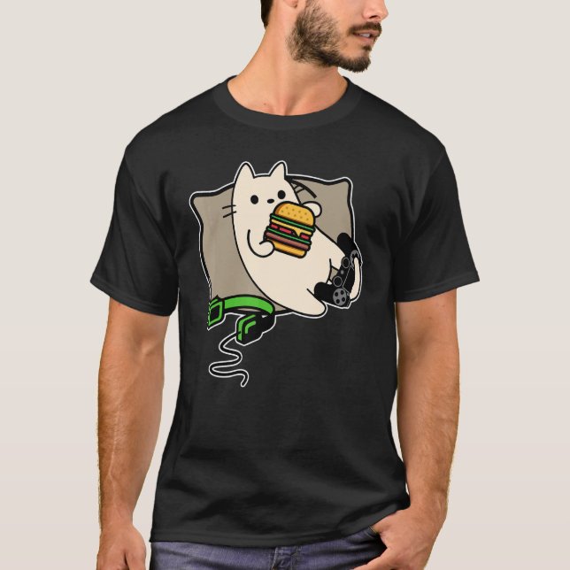 nerdy Gamer cat eating hamburger game loading T-Shirt (Front)