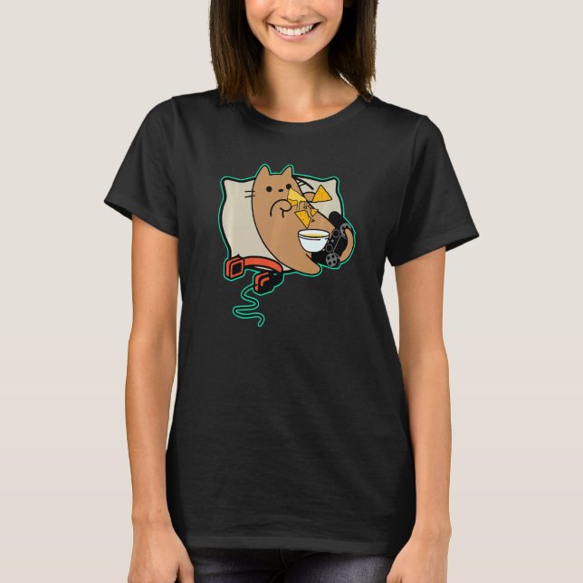 Nerdy Gamer Cat Eating Nacho Game Paused T-Shirt (Front)