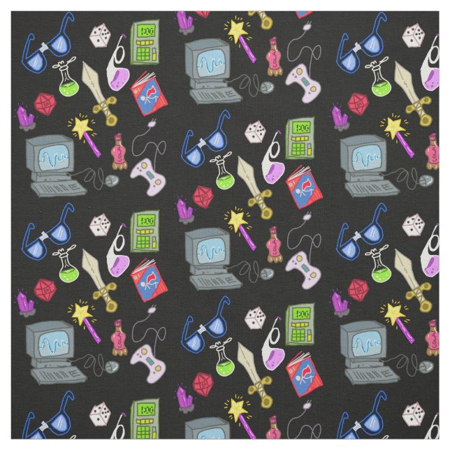 Nerdy Geeky Essentials Cartoon Illustration Fabric (Swatch)