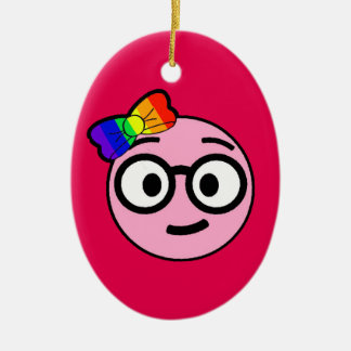 Nerdy Girl Emoji with Glasses and Rainbow Bow Ceramic Tree Decoration