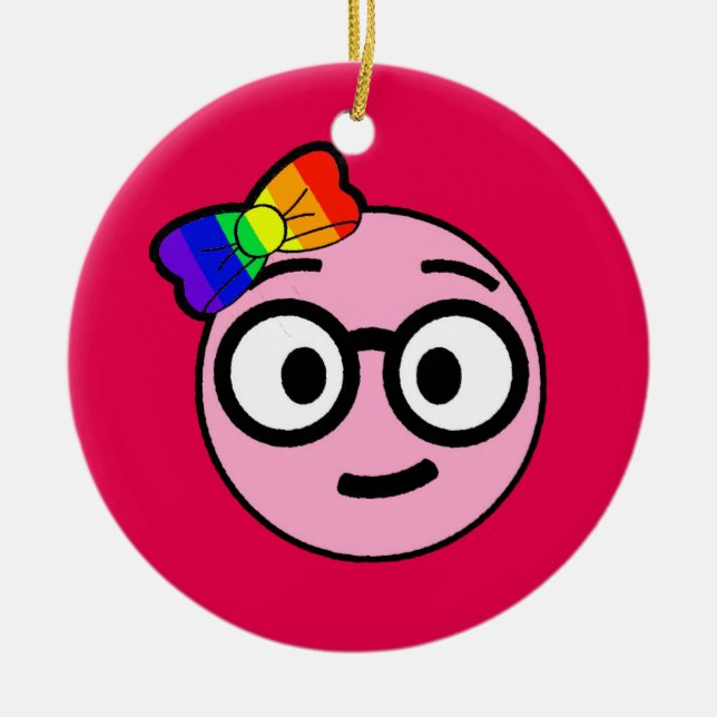 Nerdy Girl Emoji with Glasses and Rainbow Bow Ceramic Tree Decoration (Front)