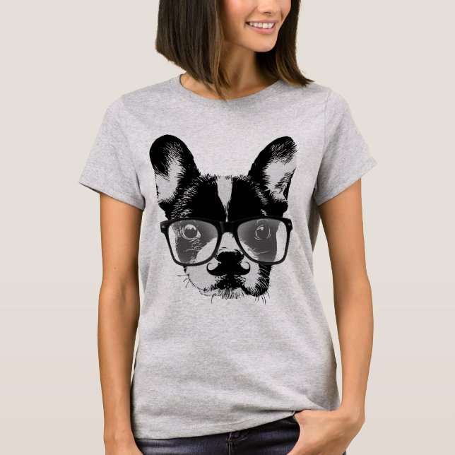 Nerdy Moustache French Bulldog Hipster Dog T-Shirt (Front)