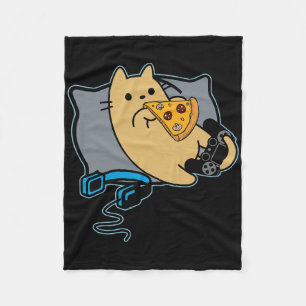 Nerdy Pizza Eating Gamer Cat Game Paused Fleece Blanket