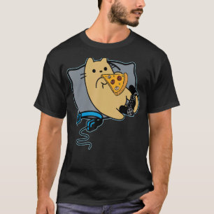 Nerdy Pizza Eating Gamer Cat Game Paused T-Shirt