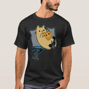 Nerdy Pizza Eating Gamer Cat Game Paused T-Shirt