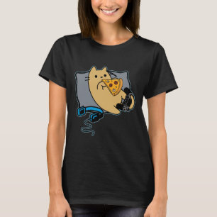 Nerdy Pizza Eating Gamer Cat Game Paused T-Shirt