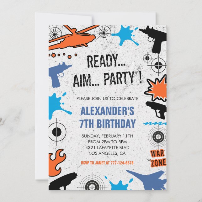 Nerf birthday invitations dart war water gun boy (Front)