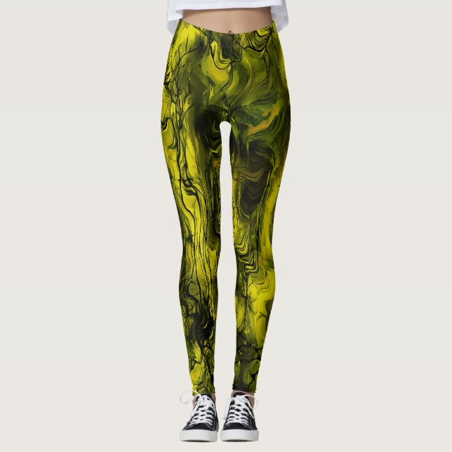 Nervous Energy Grungy Abstract  Black and Yellow Leggings (Front)