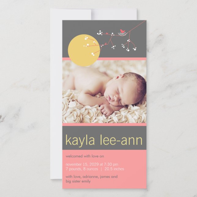 Nesting Bird & Family Baby Girl Birth Announcement (Front)