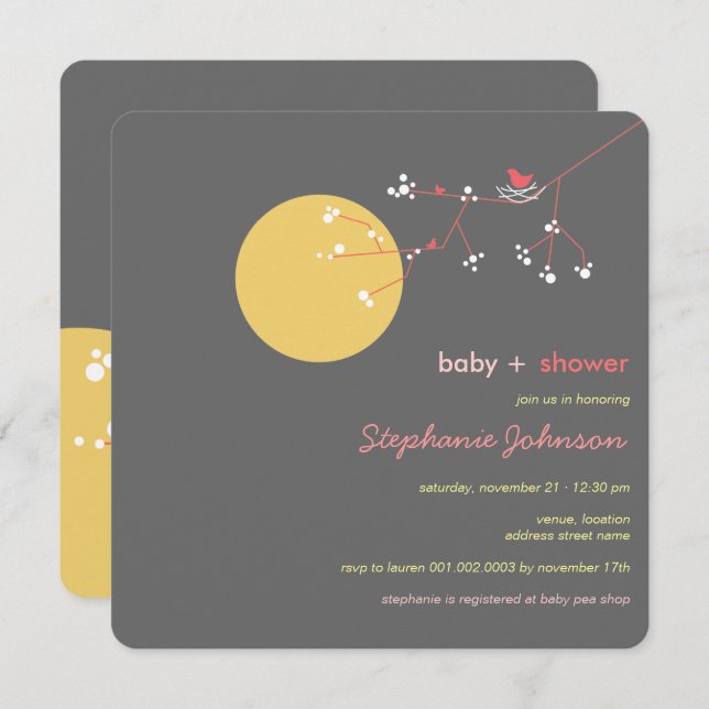Nesting Bird Family Tree Simple Chic Baby Shower Invitation (Front/Back)